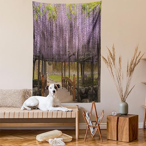 Ambesonne Japanese Tapestry, Lilac Flowers Hanging Down from Terrace Top to Bottom Field Paradise Scenery, Wall Hanging for Bedroom Living Room Dorm Decor, 40" X 60", Purple Brown - color: Purple Brown, size: 60"L x 40"W