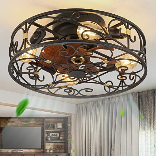 20" Caged Ceiling Fans with Lights and Remote, Bladeless Ceiling Fan 6 Speed Reversible with 4 Bulbs and Remote Control,Flush Mount Caged Ceiling Fan for Bedroom, Living Room, (Include Bulbs) - color: Black (with light bulb)