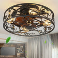 20" Caged Ceiling Fans with Lights and Remote, Bladeless Ceiling Fan 6 Speed Reversible with 4 Bulbs and Remote Control,Flush Mount Caged Ceiling Fan for Bedroom, Living Room, (Include Bulbs) - color: Black (with light bulb)