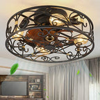20" Caged Ceiling Fans with Lights and Remote, Bladeless Ceiling Fan 6 Speed Reversible with 4 Bulbs and Remote Control,Flush Mount Caged Ceiling Fan for Bedroom, Living Room, (Include Bulbs) - color: Black (with light bulb)