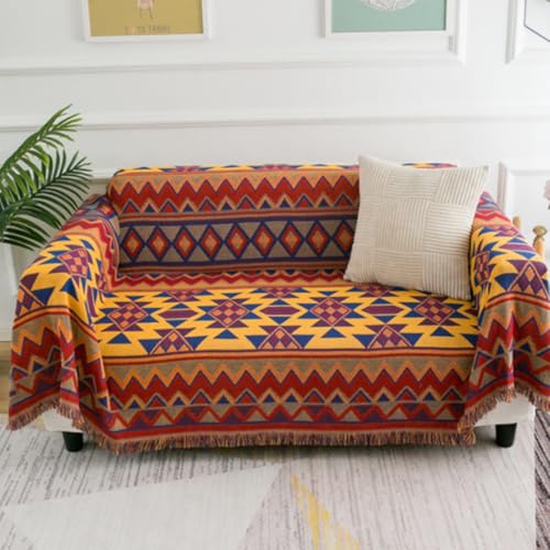 LumiSyne Cotton Woven Throw Blanket With Tassel Double-Sided Jacquard Bohemian Geometric Pattern Vintage Ethnic Style Decorative Throws For Sofa Bed Armchair Camping Blanket Tapestry Tablecloth Carpet - color: Colorful Geometric, size: 90×150cm