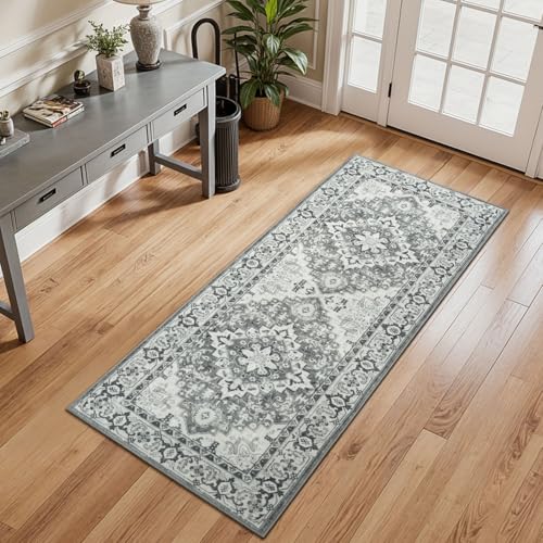 Lessymo 2 x 5 Runner Entryway Rug, Machine Washable Kitchen Rugs Boho Faux Wool Low Pile Long Rug for Bedroom, Floral Medallion Vintage Rugs with Non-Slip Rubber, Grey Beige - color: Grey Beige, size: 2' x 5' (Runner)