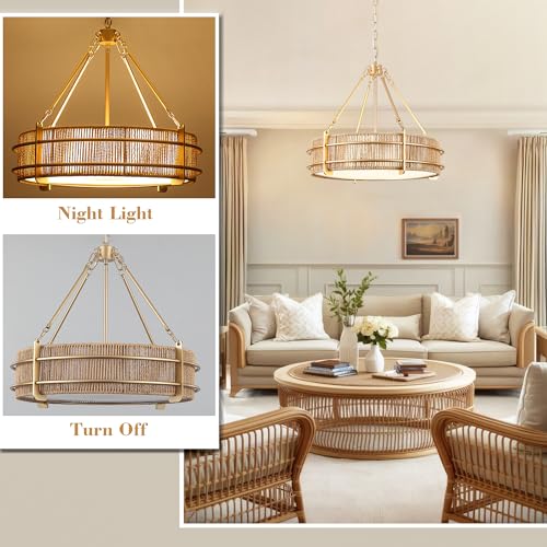 21.5'' Boho Rattan Chandelier Light Fixture, 5-Light Hand Woven Rattan Chandeliers with Fabric Shade, Rustic Gold Pendant Light for Kitchen, Bedroom, Dining Room, Living Room, Foyer - size: 21.5 inch