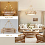 21.5'' Boho Rattan Chandelier Light Fixture, 5-Light Hand Woven Rattan Chandeliers with Fabric Shade, Rustic Gold Pendant Light for Kitchen, Bedroom, Dining Room, Living Room, Foyer - size: 21.5 inch