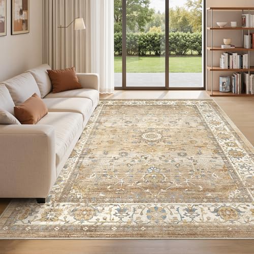 befbee 5x7 Area Rugs for Living Room,Stain Resistant Washable Rug,Non-Slip Backing Rugs for Bedroom,Kitchen,Printed Vintage Home Decor Rug (Apricot/Blue, 5'x7') - color: Apricot/Blue, size: 5' x 7' (Rectangular)