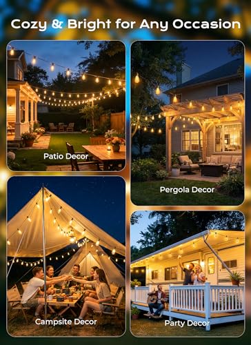 Brightown 58FT Solar String Lights Outdoor Waterproof, Patio Lights with Remote and 25+1 LED Shatterproof Bulbs, Dimmable & Timable, 3 Light Modes, Solar Lights Outdoor for Yard Camping Party Outside - size: 58FT(25 Sockets)