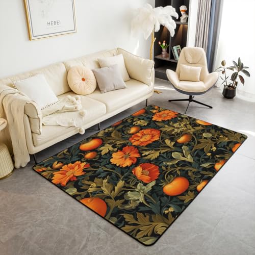 Erosebridal Boho Floral Area Rug 6'6" x 4'11" Vintage Leaves Living Room Rugs Nature Wild Botanical Decorative Carpet Orange Green Indoor Floor Mat - color: Black Orange, size: 4'11" x 6'6" (Rectangular)