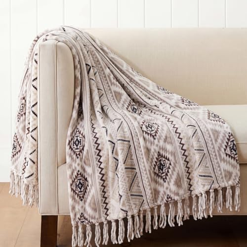 CASAAGUSTO Boho Throw Blanket with Tassel, Farmhouse Western Flannel Bohemian Blanket, Vintage Native Mexican Decorative Throw, Ideal for Gifting (50x60 Inches, Beige and Gray) - color: Beige and Gray, size: 50X60