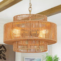 Widluth17.7 Rattan Pendant Light, Hand-Woven Boho Farmhouse Hanging Light Fixture, Drum Wicker Rattan Chandelier for Kitchen Island, Bedroom, Dining Room, Entryway - color: Gold 17.7"