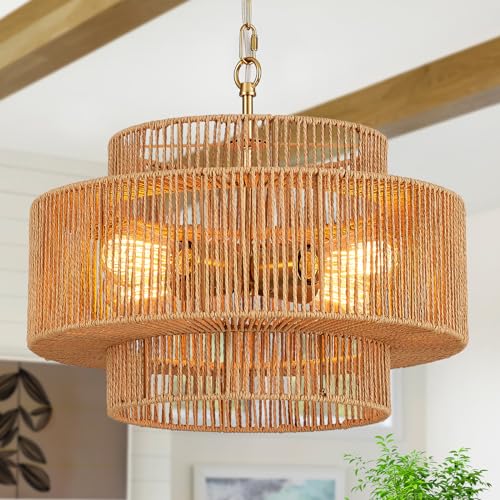 Widluth17.7 Rattan Pendant Light, Hand-Woven Boho Farmhouse Hanging Light Fixture, Drum Wicker Rattan Chandelier for Kitchen Island, Bedroom, Dining Room, Entryway - color: Gold 17.7"