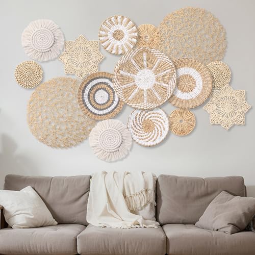 15 Pcs Boho Wall Basket Decor Woven Rattan Seagrass Wall Decor Hanging Rustic Farmhouse Western Art Decoration for Nursery Living Room Bedroom Home Kitchen(Grey White Style) - style: Grey White Style