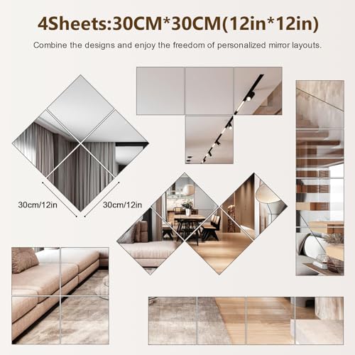 Full Length Mirror Tiles, 12x12 Inch Unbreakable Acrylic Squares for Bedroom, Home Gym, Walls - Shatterproof Mirror Stickers (1pcs) - size: 12"L x 12"W