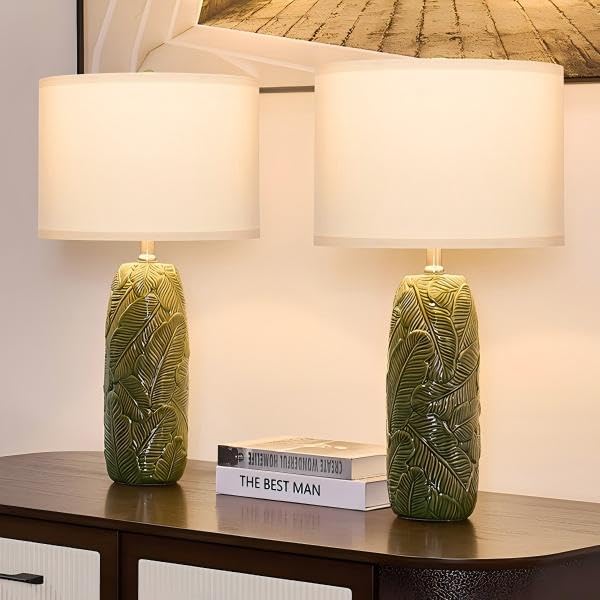 EUO 25” Green Lamps Set of 2 with Leaves Design for Living Room, Bedroom, Retro Ceramic Table Lamps for Nightstand Set of 2 - color: Green-L
