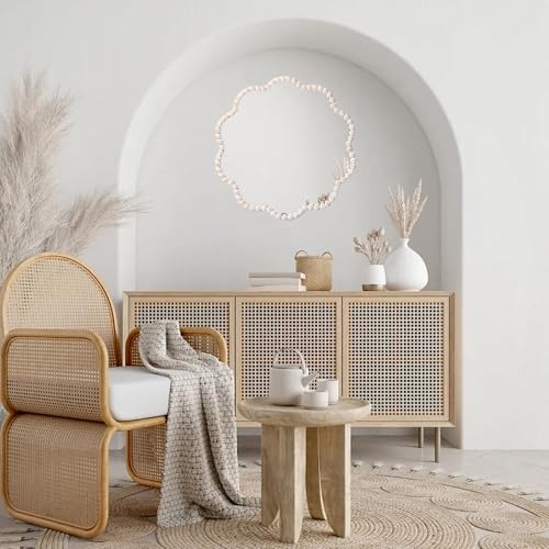 15inch Small Boho Beaded Flower Mirror for Wall Decor, Cute Decorative Hanging Wooden Circle Nursery Mirrors for Girl Room, Bedroom, Livingroom - color: Flower