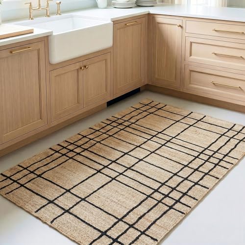 Homespice Nell Jute Plaid Area Rug 3x5' - Cotton Backed Premium Handmade Natural Fibre Rugs for Kitchen and Hallway, Lays Flat, Won't Fray or Shed, Rich Natural Brown & Black Windowpane - color: Nell, size: 3' x 5' (Rectangular)