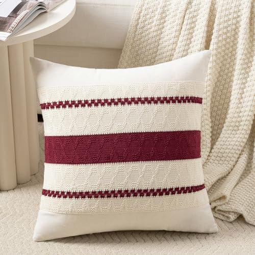 Fancy Homi Set of 1 Burgundy Boho Decorative Throw Pillow Covers 16x16 Inch for Couch Bed Sofa, Aesthetic Modern Farmhouse Christmas Room Decor, Soft Cotton Cute Textured Wind Red Cushion Case - color: Burgundy, size: 16" x 16" (Pack of 1)