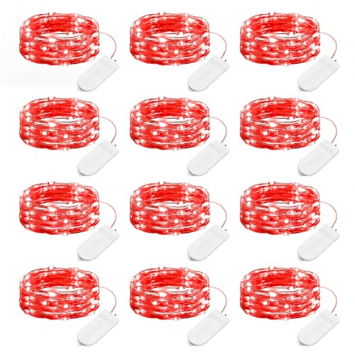 Brightown 12 Pack LED Fairy Lights, Waterproof, Red, 7 Feet, 20 LEDs, Battery Operated, Flexible Silver Wire, Safe, Energy Saving, Long-Lasting, Indoor and Outdoor Use - color: Red, size: 12 Pack