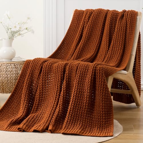 Bunnikins & Clover Knitted Waffle Blanket Throw, Fall Throw Blanket for Home Decoration, Caramel Throw Blanket for Couch, 60"x80" - color: Caramel, size: 60"x80"