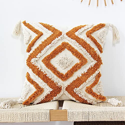 JOJUSIS Boho Throw Pillow Covers with Handmade Tassels Decorative Woven Tufted Orange Pillowcase for Couch Bedroom 18 x 18 Inch Orange B - color: Orange B, size: 18" x 18" (Pack of 1)