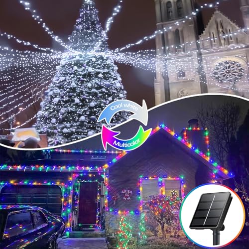 Cool White and Multicolor Color Changing Solar String Lights for Outside, 2 Pack 400LED Solar Fairy Lights Outdoor, Waterproof Copper Wire with 8 Modes Solar Twinkle Lights for Tree Garden Xmas Decor - color: Cool White to Multicolor, size: 2 Pack-400LED