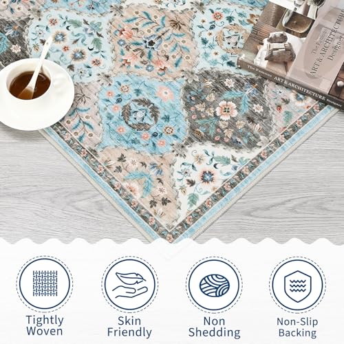 ROYHOME Small Rug Moroccan Trellis Washable Area Rug Doormat Stain Resistant Non-Slip Entryway Rug Distressed Floral Floor Carpet for Indoor Front Entrance Kitchen Bathroom, Blue/Taupe, 2' x 3' - color: Blue/Taupe, size: 2' x 3' (Rectangular)