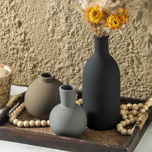 Ceramic Vase Set of 3 | Neutral Vases Home Decor | Modern Flower Pottery Vases Rustic Farmhouse Vase for Table Entryway Mantel Centerpiece Bookshelf Living Room Bathroom Bedroom -Multicolor Large - color: 001-multicolor-larger