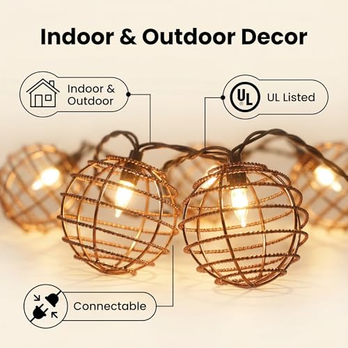 Decorative String Lights Indoor Outdoor, Patio Lantern Style String Lights with 10 Warm White Mini Bulbs, UL Listed Connectable Weatherproof Plug In Lights for Home Decoration(Iron Wire Twist Ball) - style: Iron Wire Twist Ball