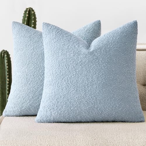 Pack of 2 18x18 Inch Decorative Boucle Throw Pillow Covers Textured Square Pillowcaes Accent Solid Cozy Soft Cushion Covers Home Decor for Sofa Couch Living Room Home Decor,Coastal Light Blue - color: Light Blue, size: 18" x 18" (Pack of 2)