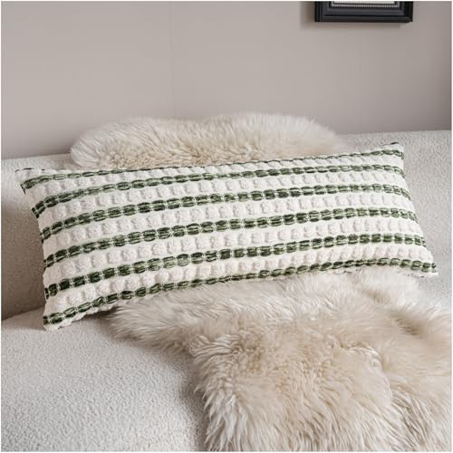 Caflife Boho Lumbar Pillow Covers 14x36 Inch Long, Farmhouse Green Striped Textured Chenille Decorative Couch Pillow Cases, Rustic Accent Cushion Covers for Sofa Bed Living Room Bedroom, Pack of 1 - color: Green, size: 36" x 14" (Pack of 1)