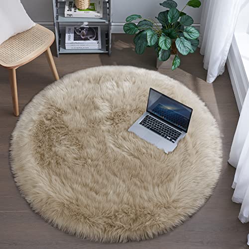 Tangsoo Round Faux Fur Rugs, Sheepskin Round Rugs 3ft, Soft Small Circle Rug, 3x3 Beige Fuzzy Plush Fur Rug, Shag Circular Rugs Floor Carpet for Bedroom, Kids Room, Nursery, Girls Room, Dorm - color: Beige, size: 3' (Round)