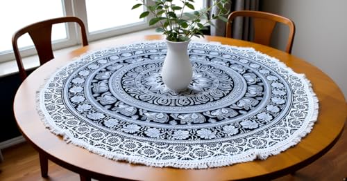 Round tapestry Indian Mandala Roundie Beach Throw Tapestry Hippy Boho Gypsy Cotton Tablecloth Beach Towel, Round Yoga Mat (42 Inches, Black And WHite) - color: Black And WHite, size: 42"L x 42"W