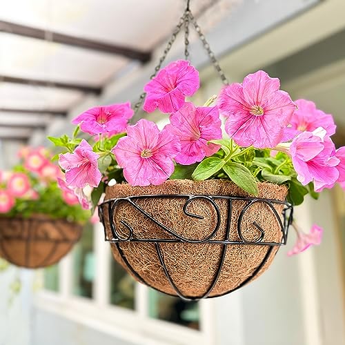 LaLaGreen Hanging Planter for Outdoor Plants (12 Inch, 2 Pack) Hanging Baskets with Coco Liner, Black Metal Wire Flower Basket Pots with Hook Hanger Balcony Porch Farmhouse Country Style Garden Decor - size: 12" x 2 Pack