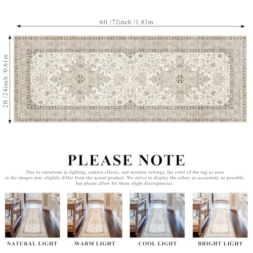 Washable Kitchen 2x6 Runner Rug: Non Slip Oriental Indoor Floor Mat for Hallway Bedroom Bathroom - Soft Easy Clean Thin Floor Throw Carpet Vintage Decor Rugs-Designed for Dog Kids Family 2x6 Ivory - color: Ivory, size: 2x6