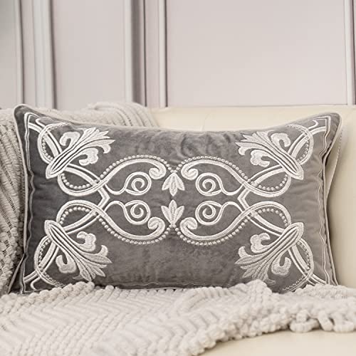 Aeckself 12 x 20 Inch European Cushion Cover Luxury Velvet Home Decorative Embroidery Floral Rectangle Throw Pillow Case Pillowcase for Couch Bed Living Room, Grey and White - color: Gray, size: 20" x 12" (Pack of 1)