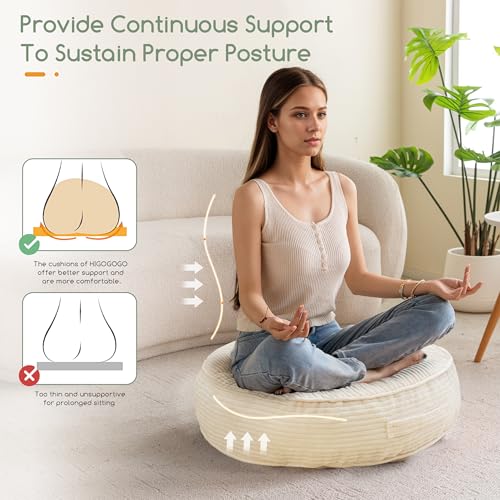 HIGOGOGO 6" Extra Thick Floor Pillow Cushion for Adults, Meditation Cushion Pillow, Large Round Floor Sitting, Tufted Corduroy Cover, for Tatami Living Room or Yoga, 22x22 Inch, Beige - color: Round Beige, size: 6" Thick(Pack of 1)