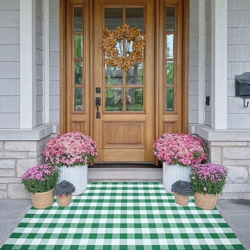 CAINANEL Buffalo Plaid Outdoor Rug Green and White Spring Door Mat Layering Rug Welcome Doormats for Spring Easter Farmhouse Entrance Porch Outdoors Decor - color: Green and White, size: 3' x 5' (Rectangular)