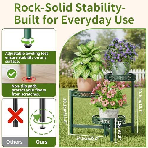 Plant Stand Indoor Outdoor, 3 Tier Corner Metal Flower Display Holder Shelf, Folding Tall Plant Rack for House Patio Balcony Porch Garden Living Room, Heavy Duty Anti-Rust Wrought Iron - GreenFlower - color: GreenFlower, size: 3-tiers