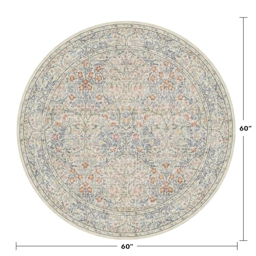 Hazo Haus Beige Blue Round Nursery Rug 5ft - Pastel Circular 5x5 Rug for Kids Room, Living Room, Bedroom, Playroom, Home Office, Washable Non Slip Cozy French Country Style Aesthetic Room Decor - color: Beige Blue, size: 5' (Round)