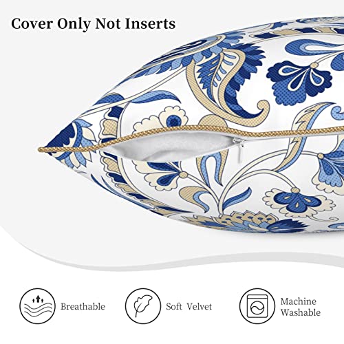 Blue Floral French Country Decorative Velvet Throw Pillow Covers Rustic Paisley Printed Pillowcase Square Pillow Case Cushion Cover Home Decor for Couch Sofa Bedroom Patio 18x18 Inch - color: Blue White Paisley, size: 18" x 18" (Pack of 1)