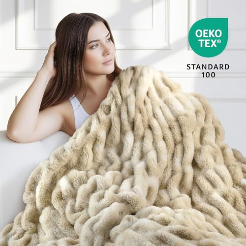 Ultra Soft Cozy Faux Fur Throw Blanket, Fuzzy Plush Thick Bubble Blanket, Oversize Luxury Fluffy Blanket for Couch, Sofa, Bedroom, and Living Room,50x60 Inches,Double Sided Tie-Dye Camel - color: Double Sided-tie Dye Camel, size: Throw