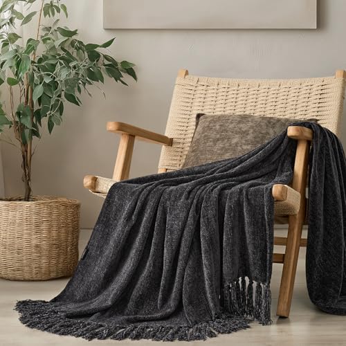 EverGrace Soft Chenille Throw Blanket for Couch, Cozy Plush Fuzzy Decorative Chenille Knit Throw Blanket with Tassels, Lightweight Blanket and Throws for Bed Sofa Gift Home Decor, Iron Black 50"x60" - color: Iron Black, size: 50"x60"