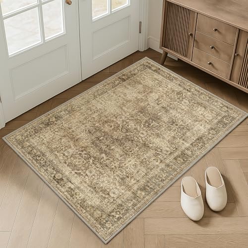 FMFUNCTEX Entryway Rug 2x3 Washable Brown Vintage Distressed Door Mat Non Slip Low Pile Indoor Carpet Soft Retro Floral Small Throw Area Rugs for Entry Way Entrance Bedroom Kitchen Bathroom Laundry - color: Brown, size: 2' x 3' (Rectangular)