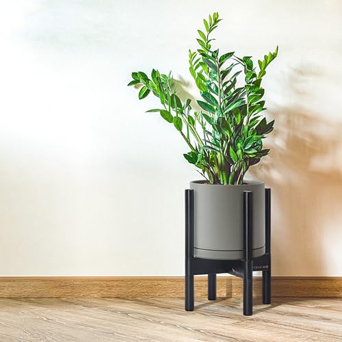 D'vine Dev Ceramic Planter with Ebony Stand - 8 Inch Modern Round Flower Pot with Wood Planter Holder, Grey, 55-B-M-3 - color: Grey Pot + Ebony Stand, size: 8 Inch