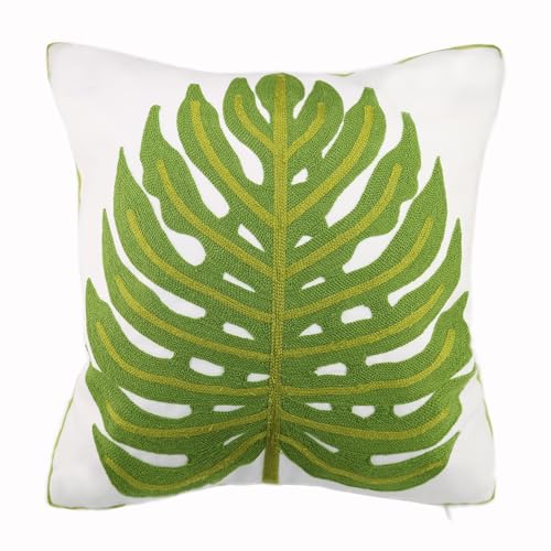 Embroidery Throw Pillow Cover 18x18 Home Decor Green Leaf Floor Pillow Cover for Couch 100% Cotton Cushion Cover Pillowcase Tropical Monstera Leaves Embroidered 45x45cm, 1 Piece - color: Green