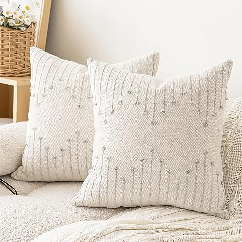 LILEPOY Boho Throw Pillow Covers 18x18 Set of 2 Neutral Decorative Textured Cushion Case Farmhouse Pillowcase Modern Square Pillow Covers for Sofa,Couch, Living Room,Beige and Green - color: Beige and Green, size: 18" x 18" (Pack of 2)