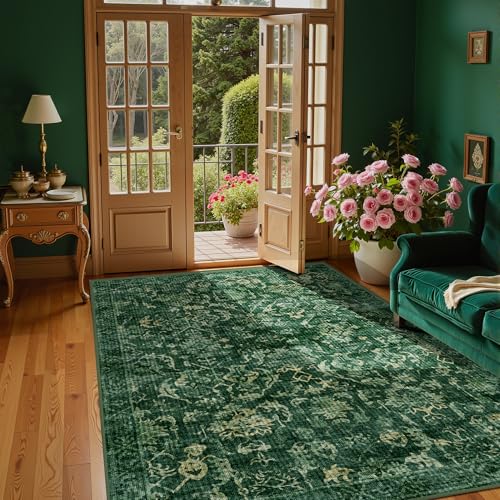 Dark Green Vintage Area Rug 3x5 for Living Room Bedroom, Washable Distressed Farmhouse Soft Thin Non-Shedding Indoor Throw Rug, Traditional Accent Carpet for Bedroom Office - color: Dark Green, size: 3'x5'