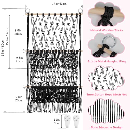 2 Tier Stuffed Animal Storage Shelf Net, 17x32Inch Large Stuffed Animal Organizer Holder Display for Mini Medium Stuffy, Black Boho Macrame Wall Plushies Stuffy Storage for Nursery Decor - color: Black, size: Large-2 Tier-17x32 Inch