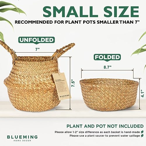 Basket Planter for Indoor Plants – 7 Inch Small Woven Wicker Pot for Olive Tree, Faux Plants, or Snake Plant, Handwoven Seagrass Basket with Handles (Original, Small) - color: Original, size: Small