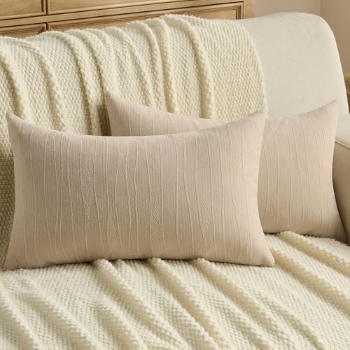 FUTEI Pack of 2 Chenille Throw Pillow Covers 12x20 Inch Soft Line Textured Decorative Lumbar Pillowcases Modern Farmhouse Accent for Couch Living Room, Beige - color: Beige, size: 20" x 12" (Pack of 2)
