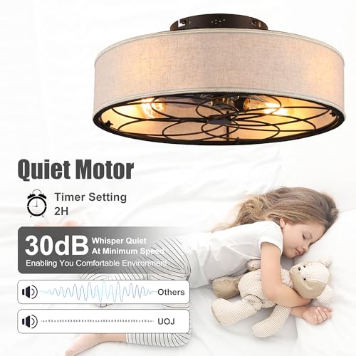 20" Caged Ceiling Fan With Light Low Profile Fabric Farmhouse Bladeless Ceiling fan With Remote Control,Low Profile Modern Enclosed Ceiling Fans with Reversible Motor for Bedroom,Include 4 Bulbs - color: Brown